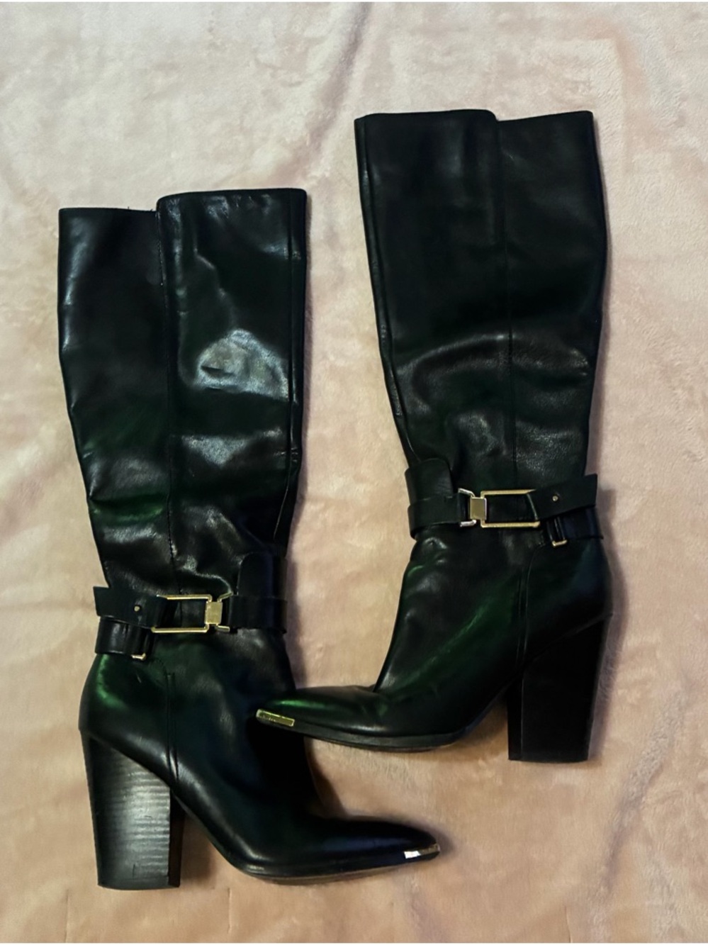 Aldo Black Leather Over-the-Knee Heeled Boots with Gold Accents